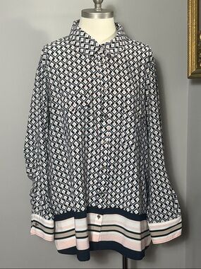 Tommy Hilfiger 2X Sky Captain Multi Contrast Hem Shirt Geometric Print Blouse